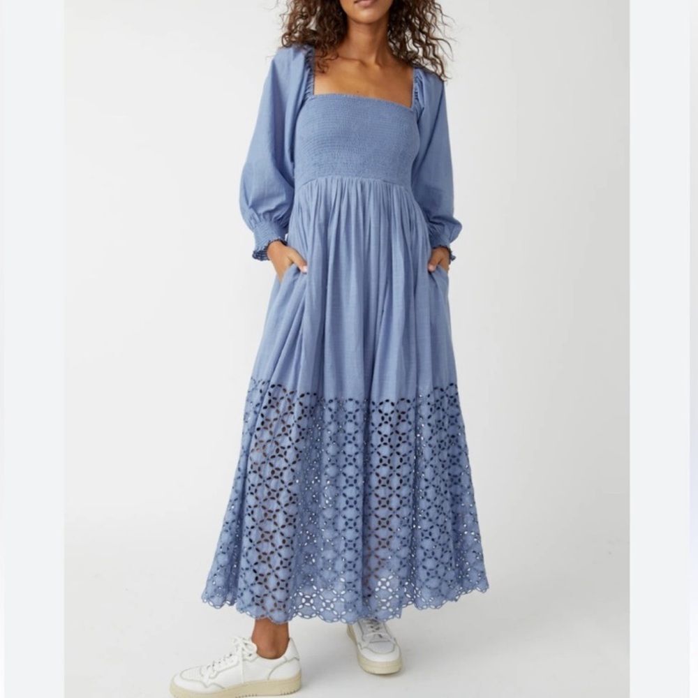 Free People Perfect Storm Smocked Eyelet MIDI Dress in Blue Heron - Picture 3 of 5
